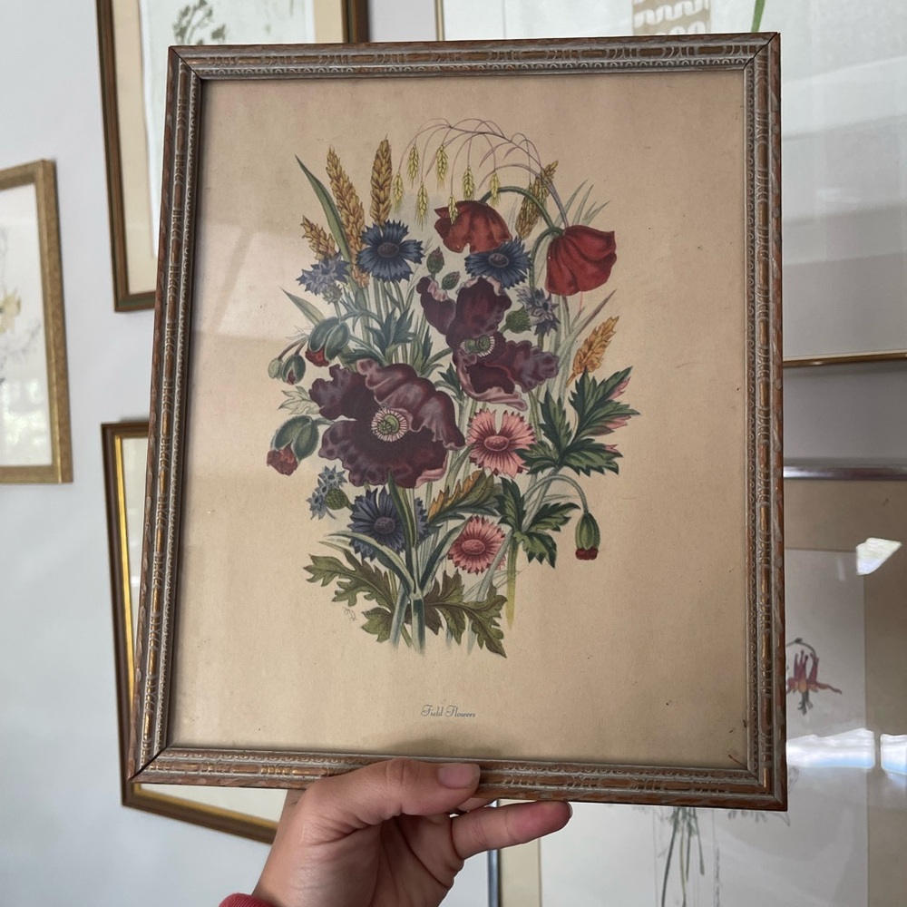 Vintage Antique Wild Flowers Bouquet Framed Wood and Print in USA Wall Hanging